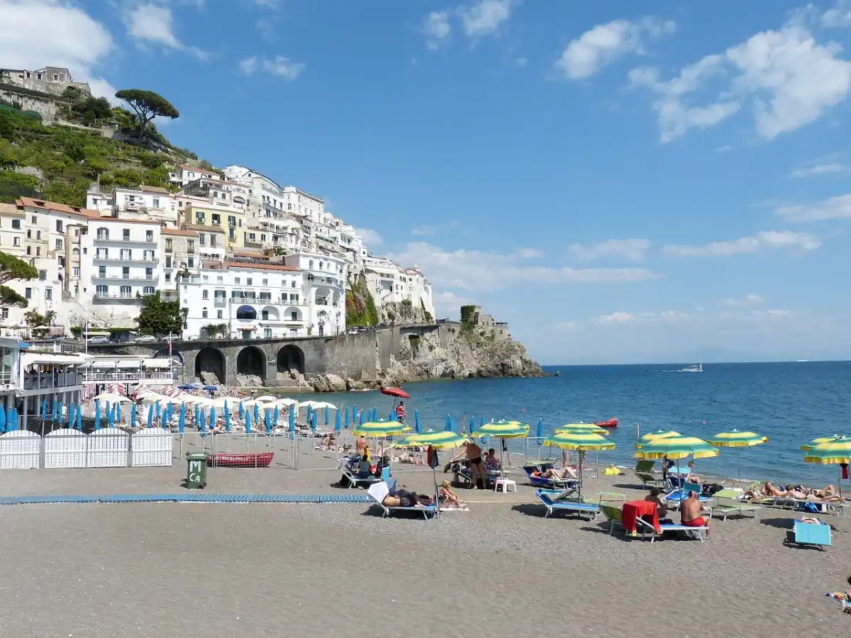 Sunbeds and umbrellas on one of the best Amalfi Coast beaches in Positano
