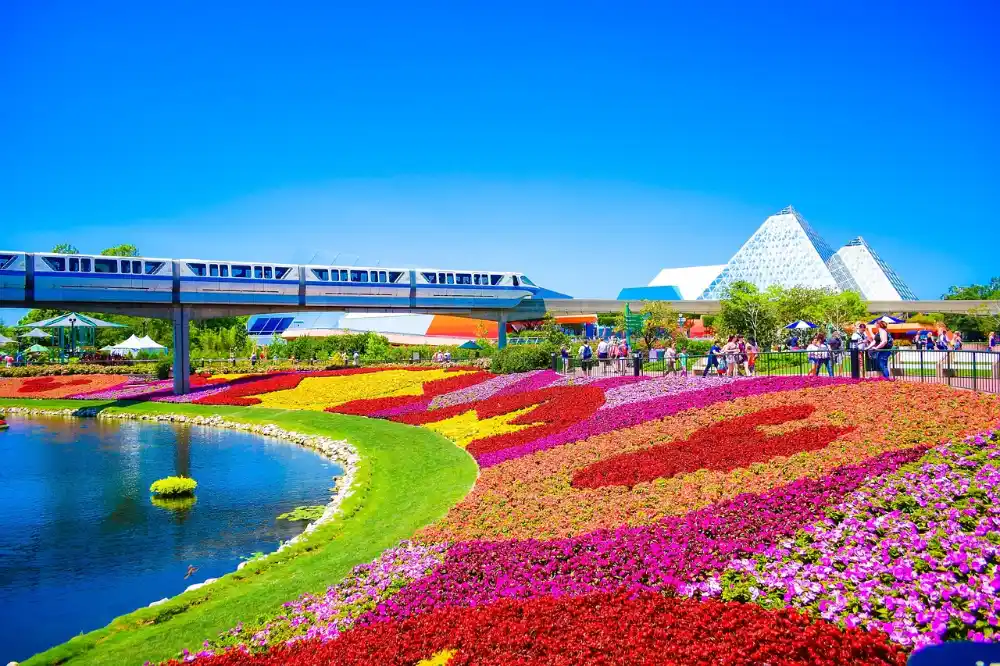 Flower beds and monorail at Epcot, free scenery on a Disney World on a budget trip