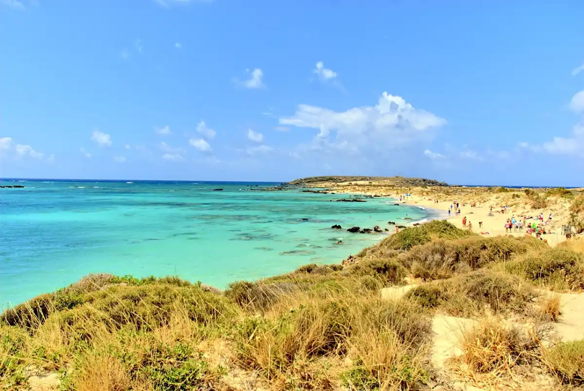 Elafonisi Beach in Crete with turquoise water and dunes on the road from Chania