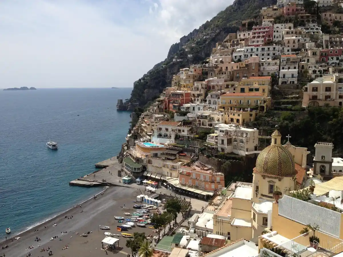 Positano shoreline and boats, one of the best Amalfi Coast beaches