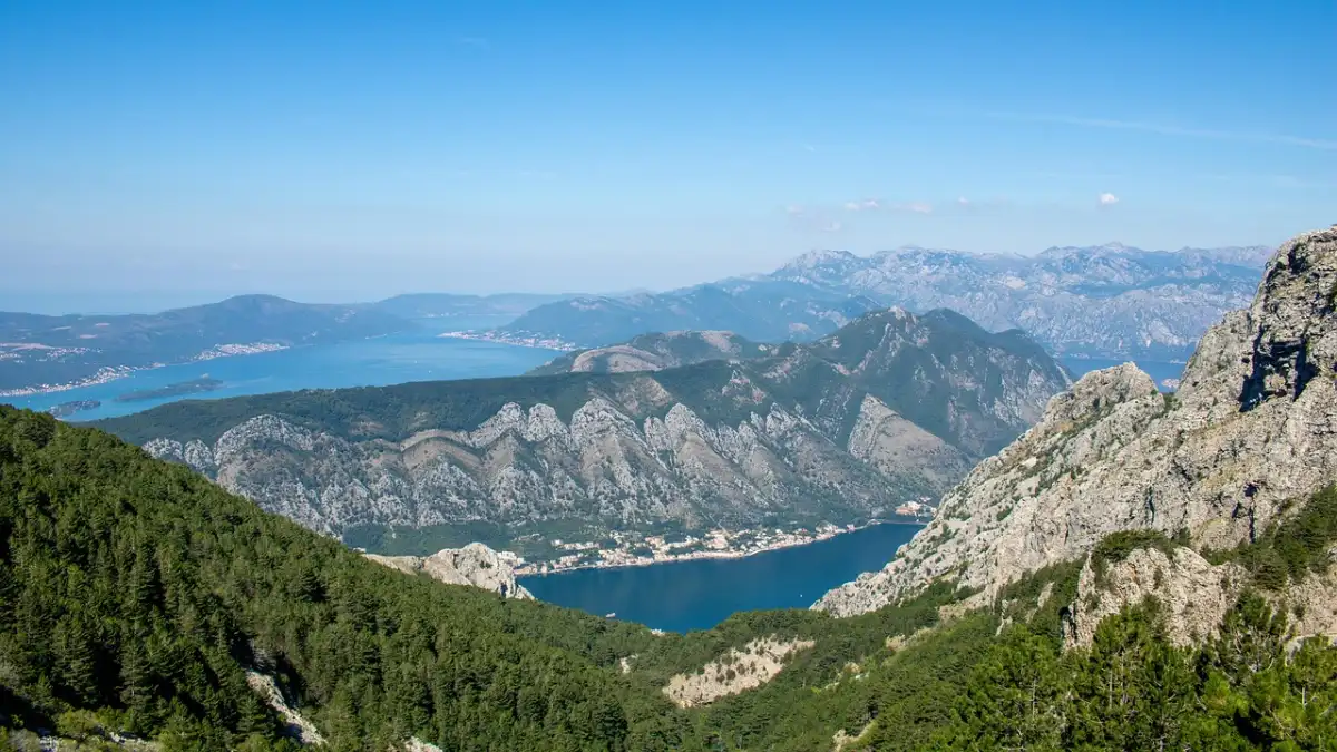Bay of Kotor seen from above with mountains and blue water