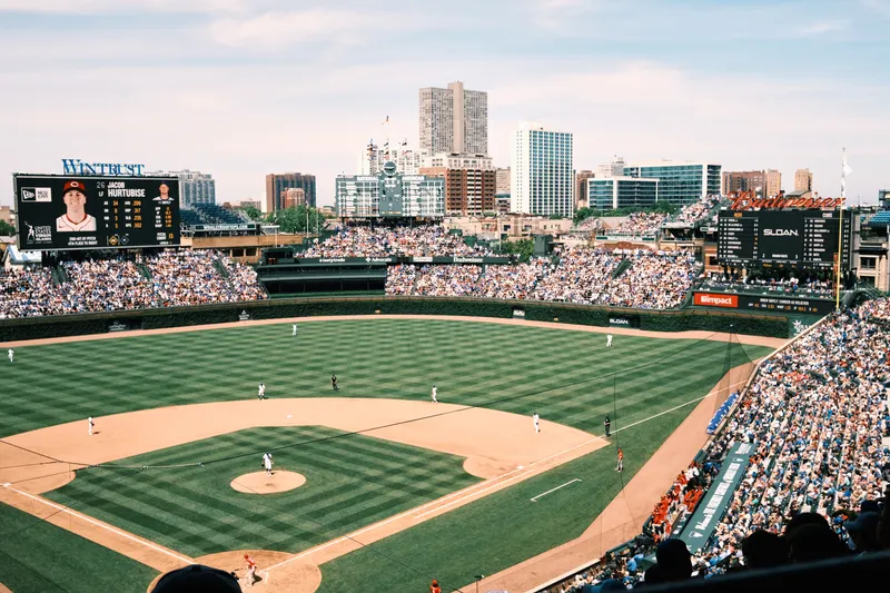 Wrigley Field packed with fans on game day in Lakeview, Chicago