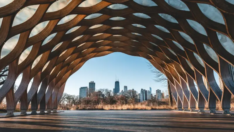Lincoln Park Nature Boardwalk pavilion with the Chicago skyline