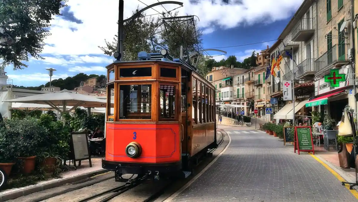 Vintage wooden tram running through Sóller, Mallorca