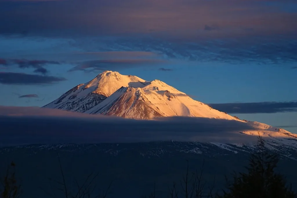 Shasta glowing at sunset