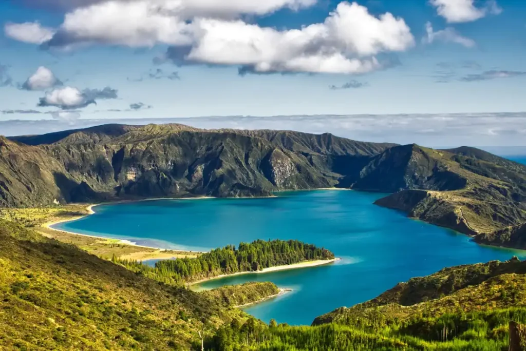 Crater lake framed by green hills