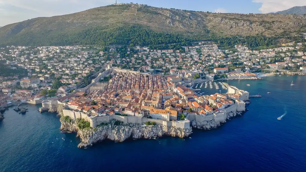 Aerial view of Dubrovnik red roofs and the Adriatic on the Split to Dubrovnik coast