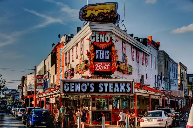 Philadelphia street corner with local sandwich shops